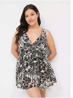 Lane Bryant No-Wire Wrap Swim Dress Palm Paradise Black White 22